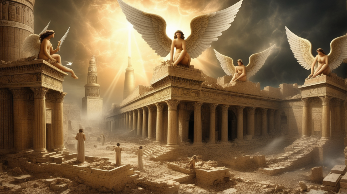 Angels hovering over ancient Babylon in ruins