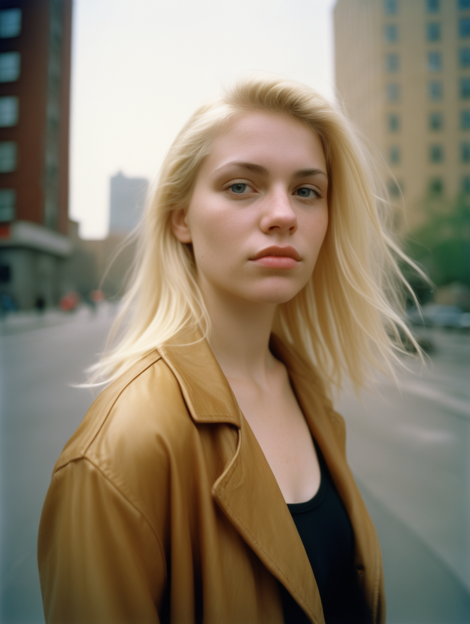 Create a vulnerable woman with ordinary and plain looks. Make her blond and in full figure. Put her in a city background. Use kodak gold 400.