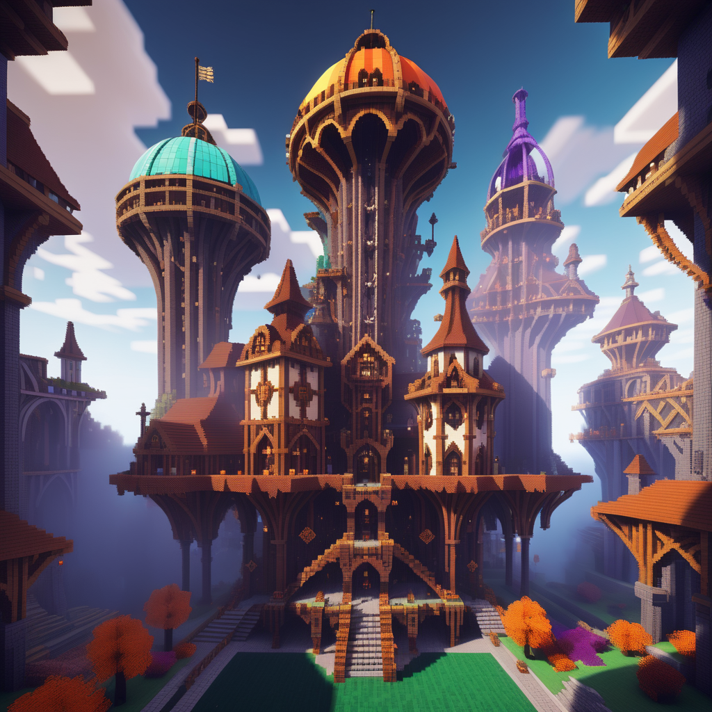 An epic fantasy Minecraft base it has colorful fantasy steam punk design, it features an obscure tower and a central courtyard