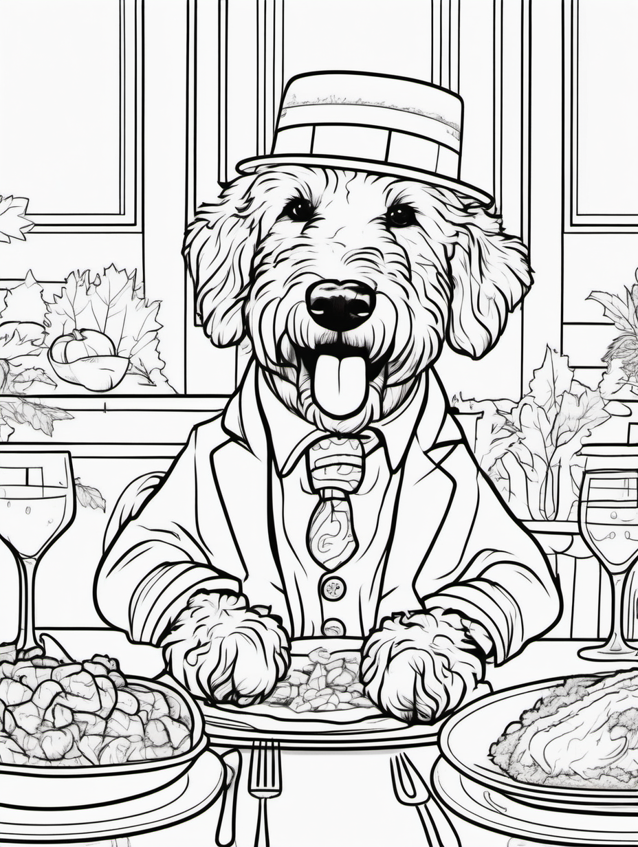 A cute smiling goldendoodle at a whimsical Thanksgiving Day dinner with other animals in fancy attire for a coloring book with black lines and white background