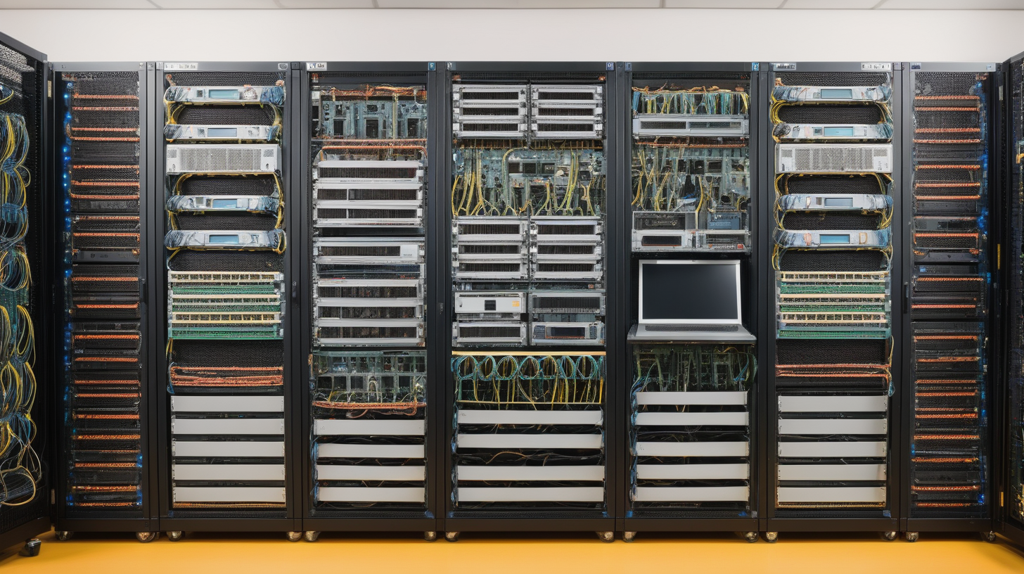 a high quality photograph of a frontal shot of a server rack filled with 1u and 2u workstations and 4 u servers - they all have a hand crafted quality to them - in the style of a wes anderson film
