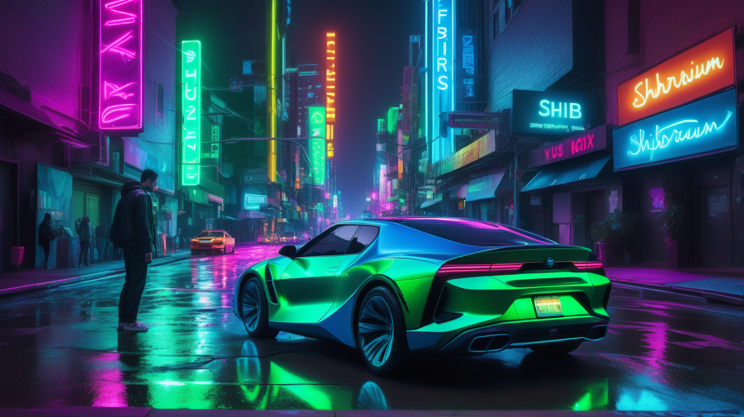 hyper-realistic photograph of a neon-lit, synthwave-inspired Wall Street, vibrant green and blue neon palette, cybernetic skyline, glowing billboards flashing "SHIB", "SHIBARIUM" laser glowing roads, reflective wet pavements, a man getting out of a luxury futuristic car, the license plate to the car says "SHIB", Nikon D850, AF-S NIKKOR 24-70mm f/2.8E ED VR, f/4, long exposure for light trails, neon accentuation --ar 16:9 --v 5 --q 2 --stylize 100