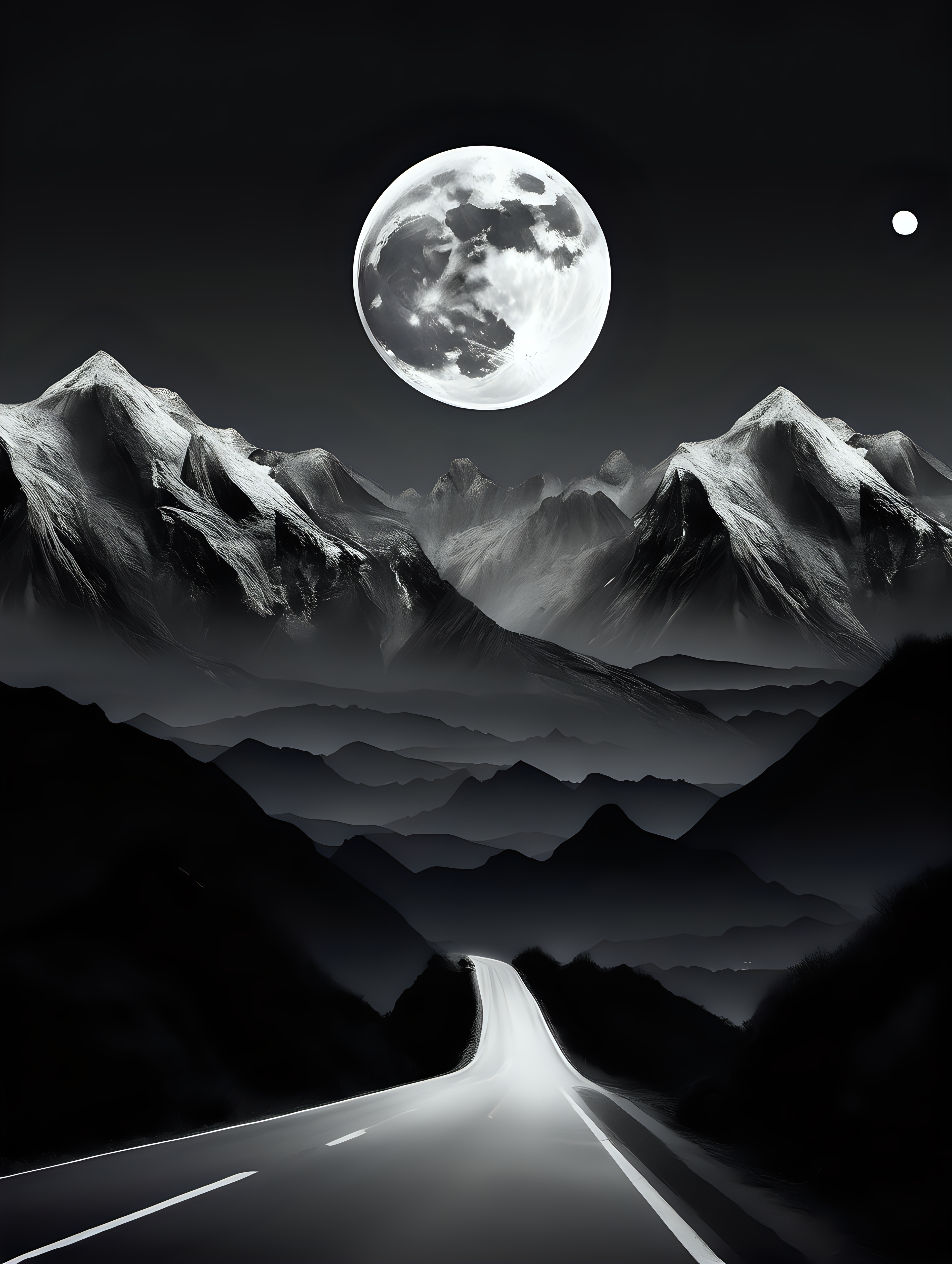 mountains and a full moon behindabove black and