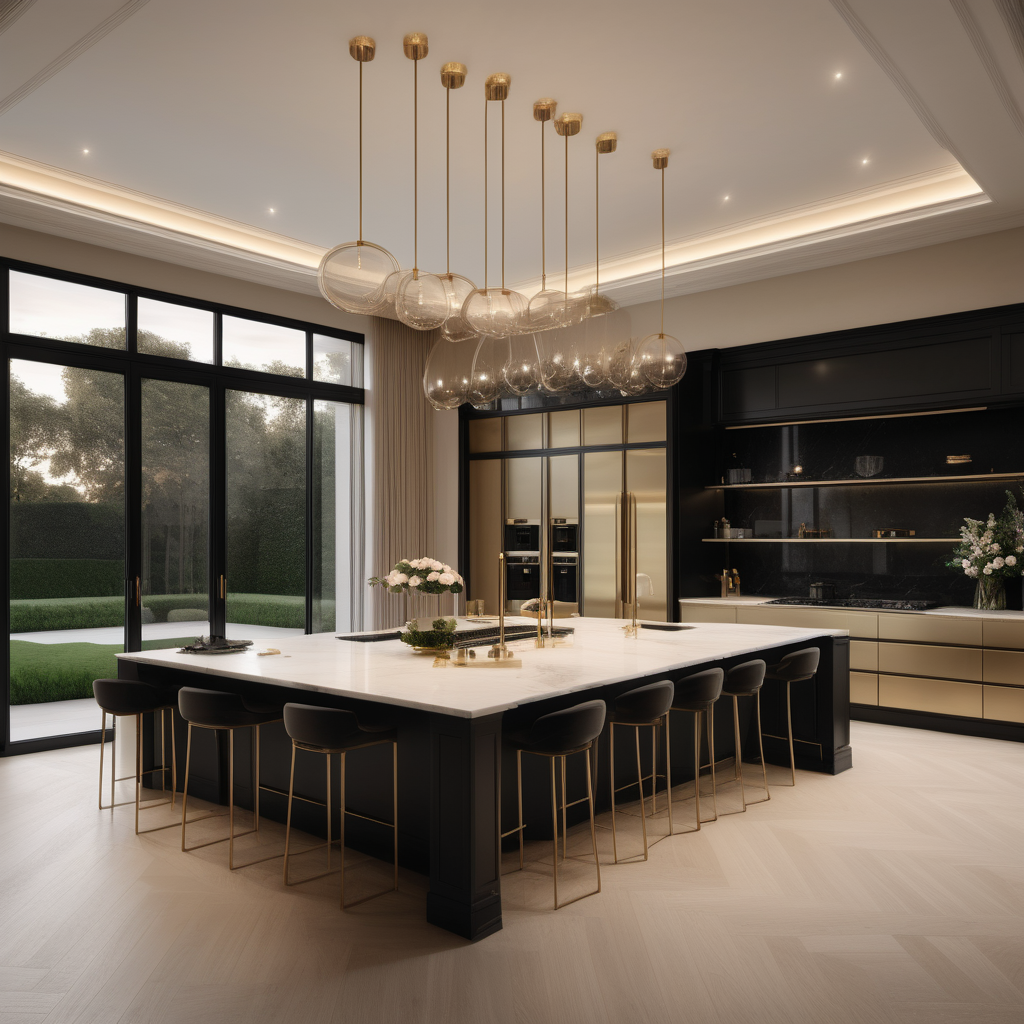 a hyperrealistic of an elegant Modern Parisian estate home grand kitchen at dusk with island, mood lighting, floor to ceiling windows with a view of the manicured gardens, in a beige oak brass and black colour palette 
