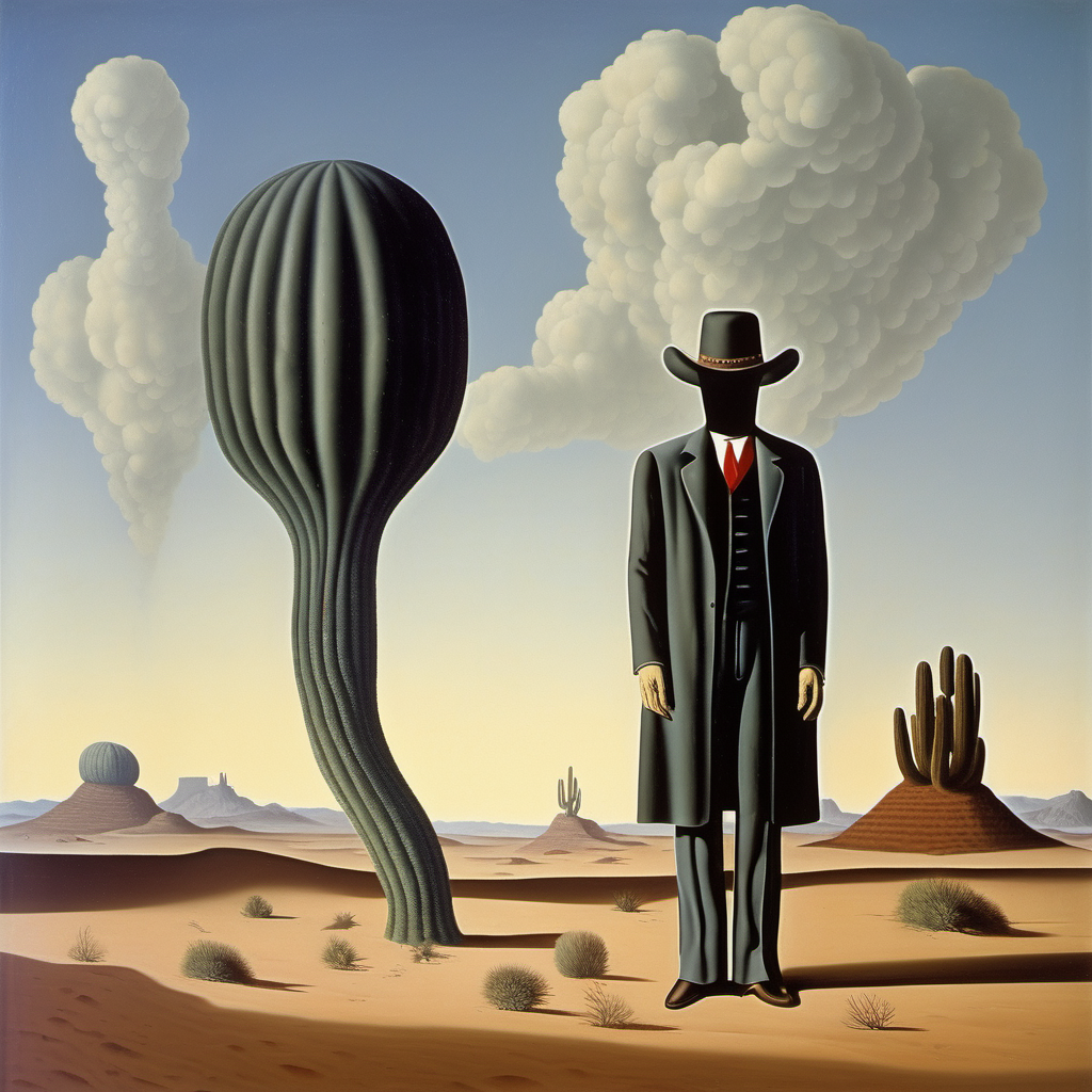 René Magritte, desert, alien, cowboy