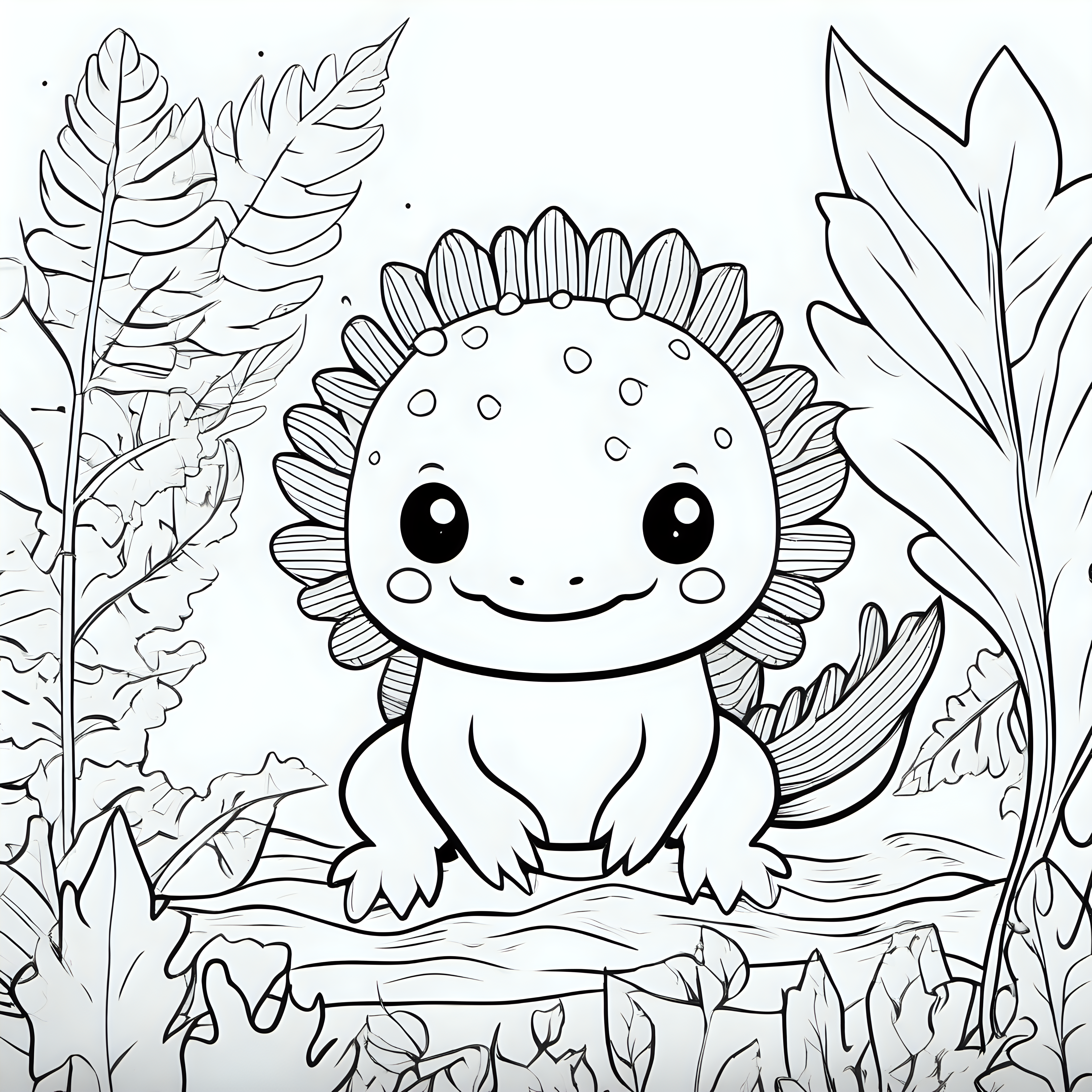 draw a colorful book cover for a coloring book for kids with cute animals like Axolotl with a nice background with leafs half outline and half with color