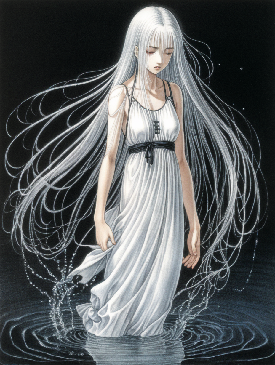 An adult girl with long straight white hair