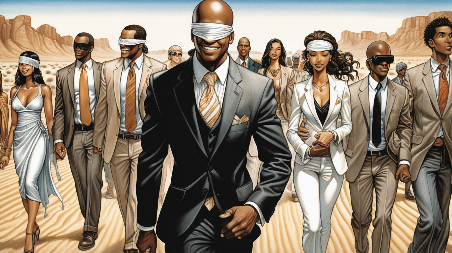 a blindfolded black man with a smile leading a group of gorgeous and ethereal white and black mixed men & women with earthy skin, walking in a desert with his colleagues, in full American suit, followed by a group of people in the art style of Dustin weaver comic book drawing, illustration, rule of thirds