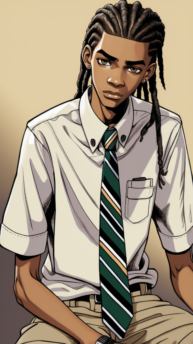 
comic-style 16-year-old black Jamaican teen boy who is tall, and thin with short dreadlocks wearing a khaki-colored button-up shirt with a tie sitting. make background plain

