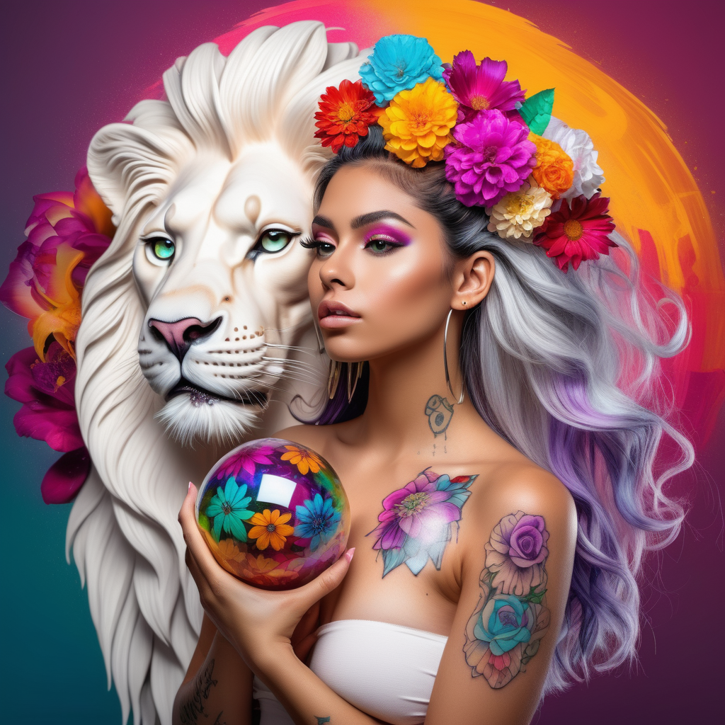  abstract exotic latina Model with soft colorful flowers the colors leak into her hair.
add She is holding a TOY TOP 
she is looking at real MALE white
lion
12 crystal balls floating in the air
add tattoos on her arms, shoulder AND BACK
