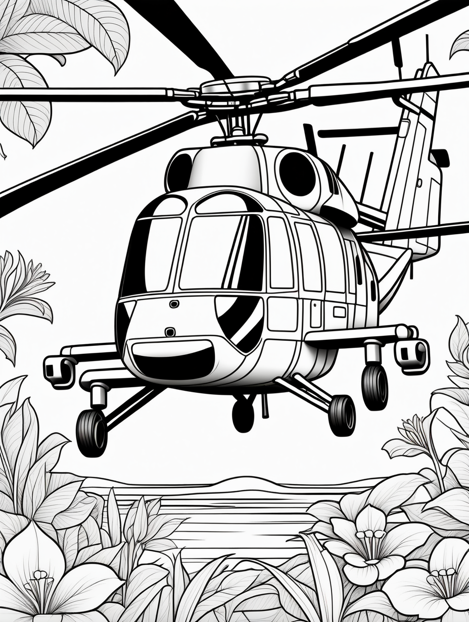 no shading, military helicopter, Botanical Motif background, outline drawing, unfilled patterns, black and white, coloring book page,  clean line art, line art, no shading, clear edges, coloring book, black and white, no color, line work for coloring