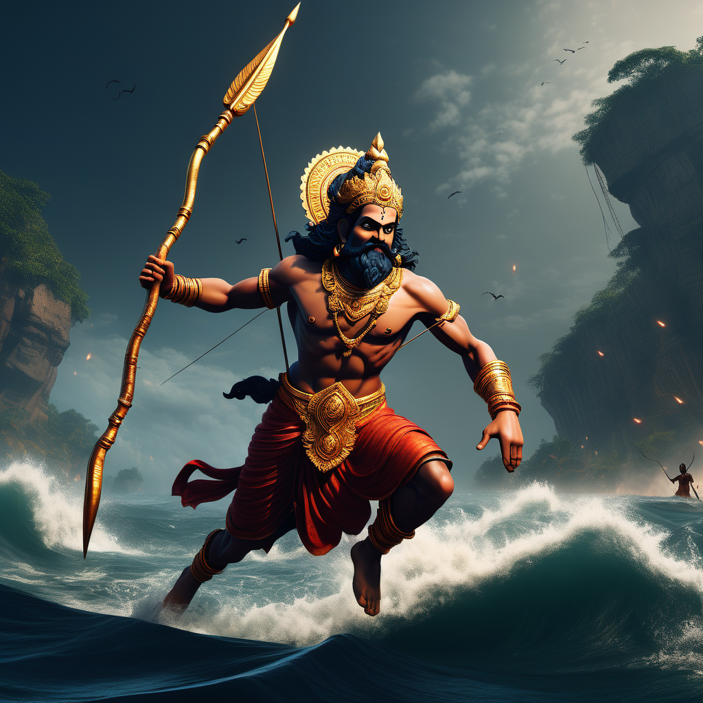 Rama, guided by love, crossing the ocean to reach Lanka. Show him leaping from one floating rock to another, firing arrows at dark creatures guarding the path. The intense focus on Rama's face should exhibit his determination and bravery, while the exhilarating backdrop showcases the magnitude of his journey]unreal engine