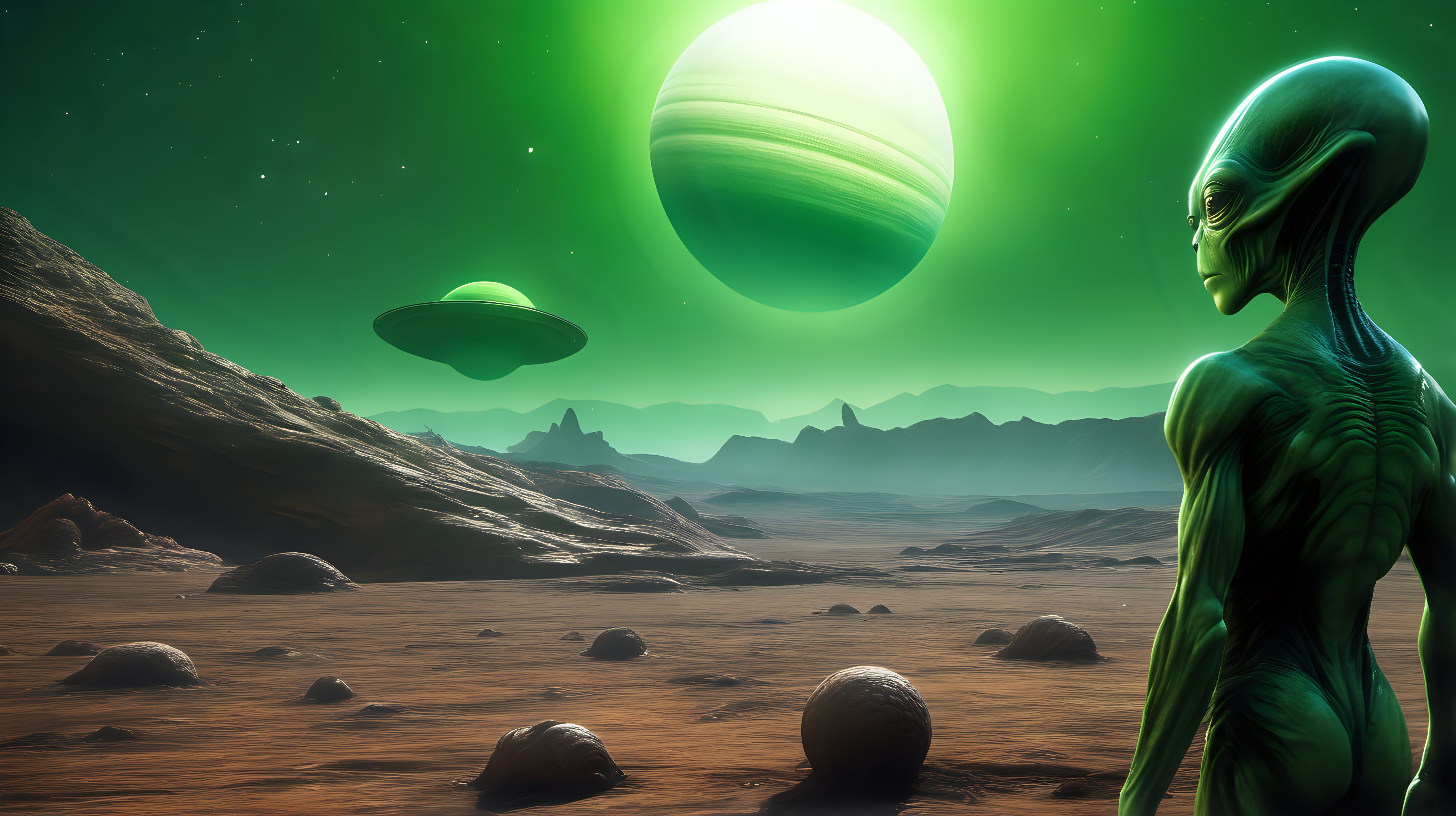 A green alien in the foreground on an alien planet, a ringed planet in the sky behind him.