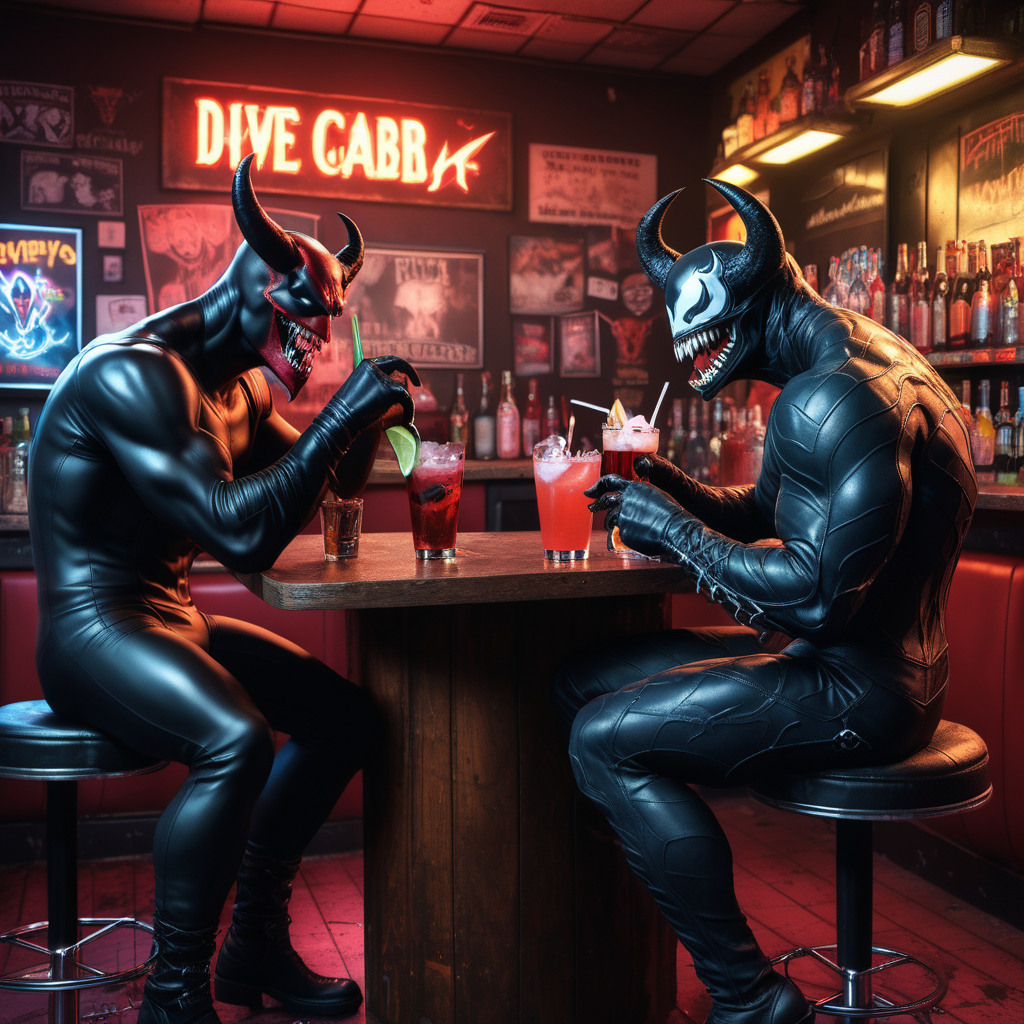 Devil and Venom have drinks in a dive bar