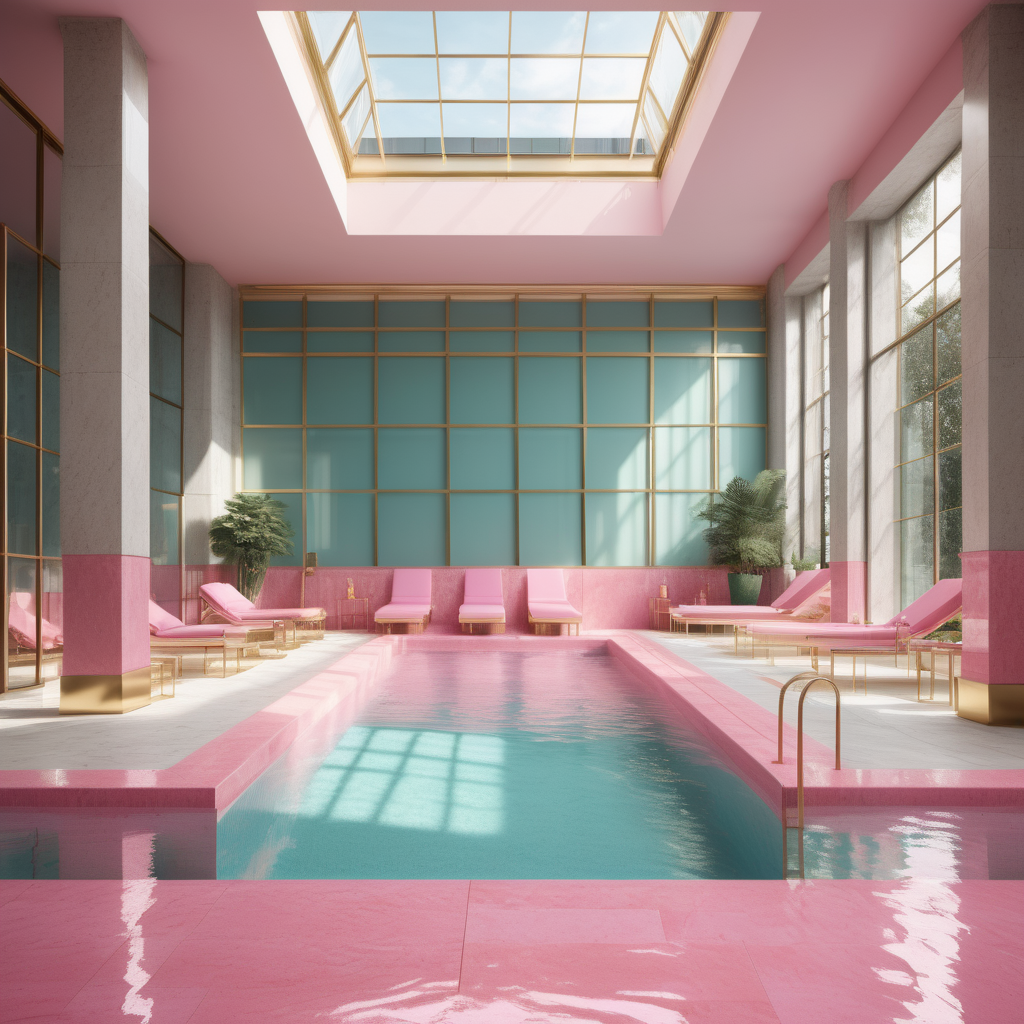 hyperrealistic image of modern Parisian  indoor pool, sunbeds, in an aqua, pink and brass colour palette, limestone pavers, floor to ceiling windows