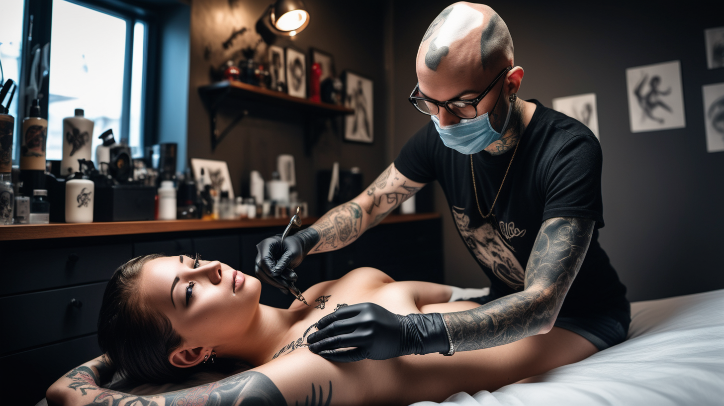 /imagine prompt :An ultra-realistic photograph capturing a Tattoo performance scene 
<camera> canon 5d mark III, equipped with an 85 lens at F 5.8 aperture setting
<location> a private tattoo studio with a black tattoo furniture
<light> Soft spot light gracefully illuminates the subject’s body, casting a dreamlike glow.
/describe : a baled man that he is a tattoo artist with glasses and black shirt ,has black nitrile gloves, has a black surgical mask, seated beside the  client bed and tattooing a beautiful young woman's body with a golden tattoo machine in his hand.
 woman that taking tattoo has natural beauty with beautiful short hair , seated on bed  . atmosphere is real artistic and friendly .
The background is black , absolutely blurred, highlighting the subjects.
The image, shot in high resolution and a 16:9 aspect ratio, captures the subject’s natural beauty and personality with stunning realism
–seed
–ar 16:9 –v 5.2 –style raw
