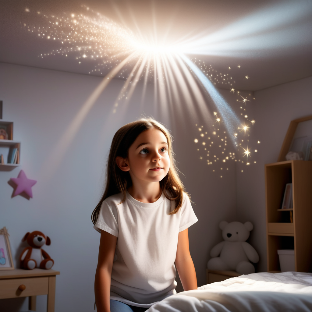 7 years old brunette girl wearing a white t shirt filling her room with magical white light looking at the magic




