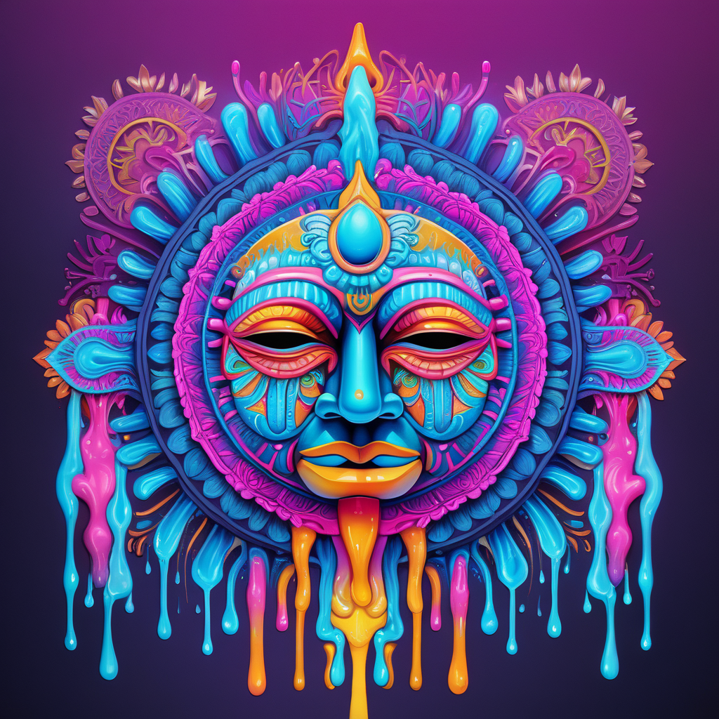 bright neon colors, high details, symmetrical mandala, strong lines, sad face mask that is melting, dripping