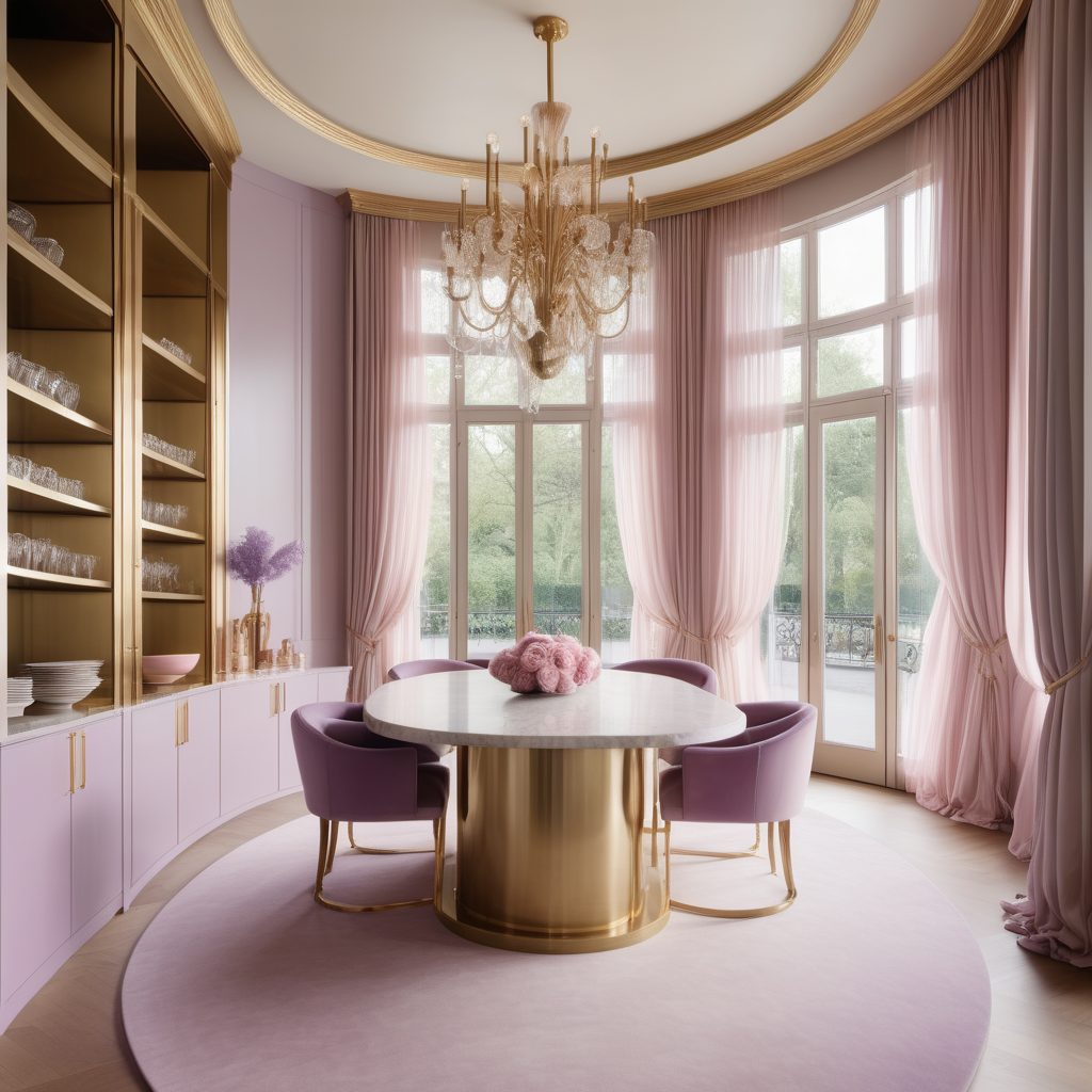 hyperrealistic image of large modern Parisian butlers pantry, floor to ceiling windows, curves, beige, pink, lilac and brass colour palette, brass chandelier, sheer curtains