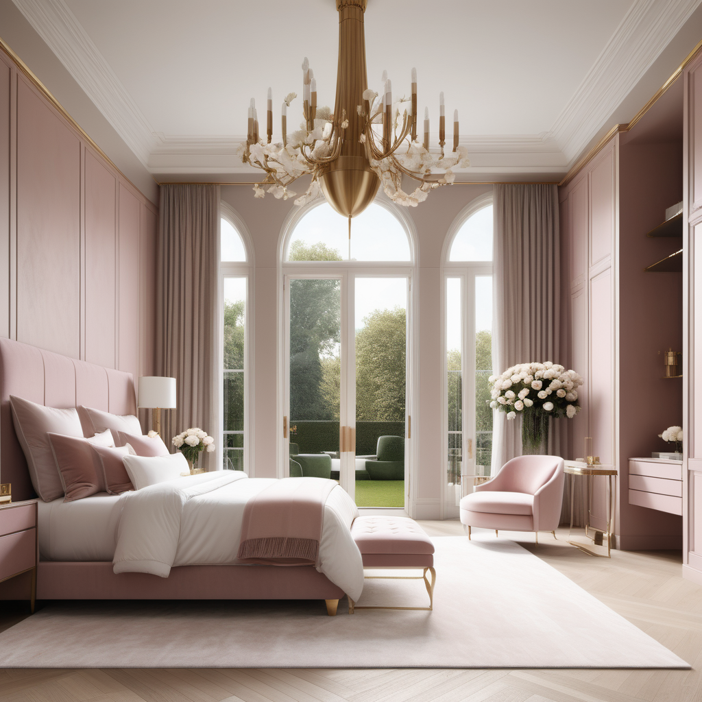 A hyperrealistic image of a grand, elegant modern Parisian master suite in a beige oak brass and dusty rose colour palette with floor to ceiling windows showing views of the white roses in the garden, a brass modern chandelier, an accessory island, curves