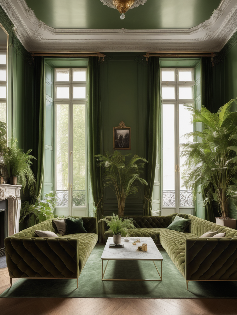 cushing green wall and ceiling, parisian interior with windows, wallpapers, parquet light herringbone, cappucino minimalistic velvet sofa, many plants under the sofa, marble coffee table in front of the sofa, brass vintage handles on the window, french fireplace