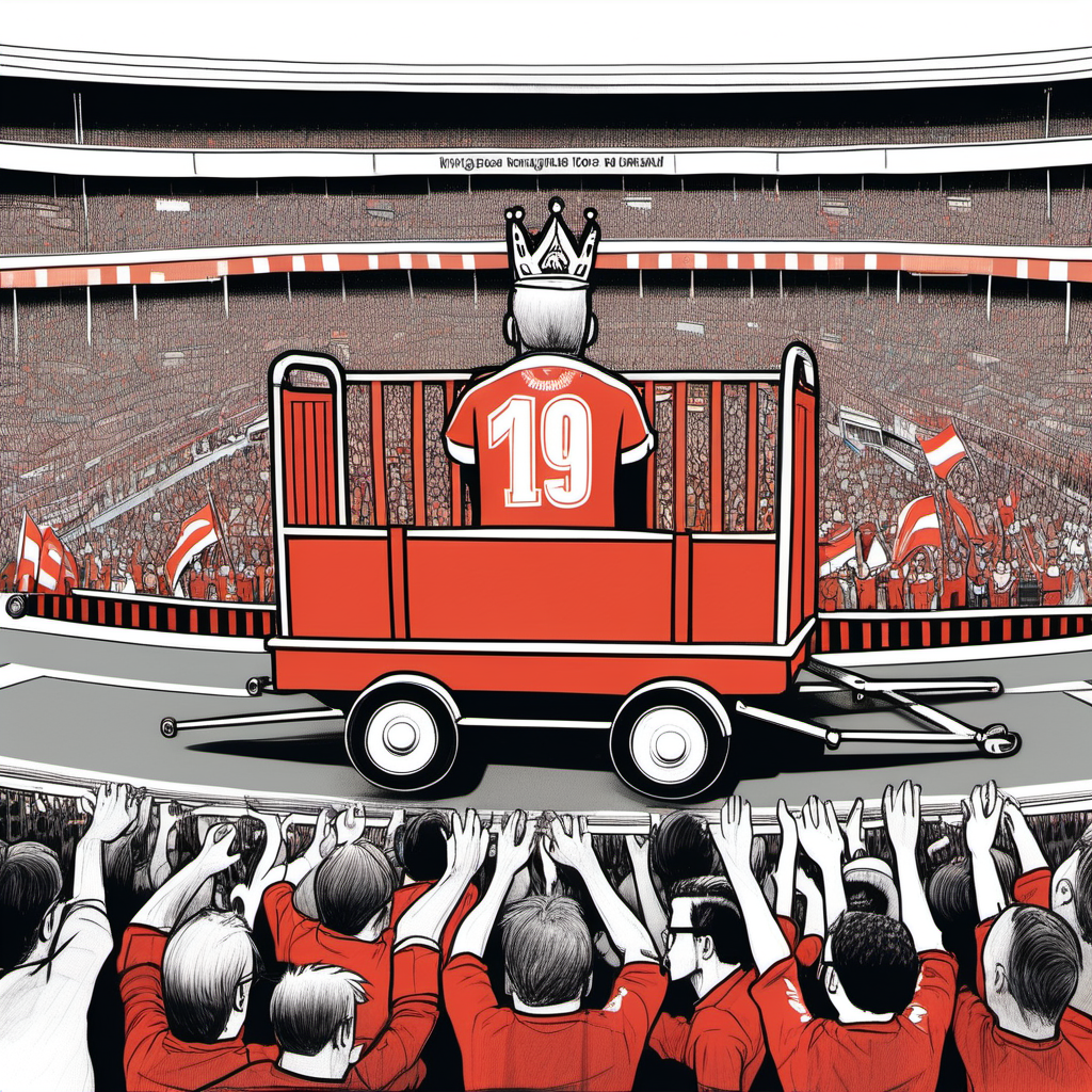 A pencil sketch of the king wearing glasses, a red shirt and a crown on a Wagon with a flat cargo platform in the middle of a football stadium crowded with PSV Eindhoven fans viewed from the back