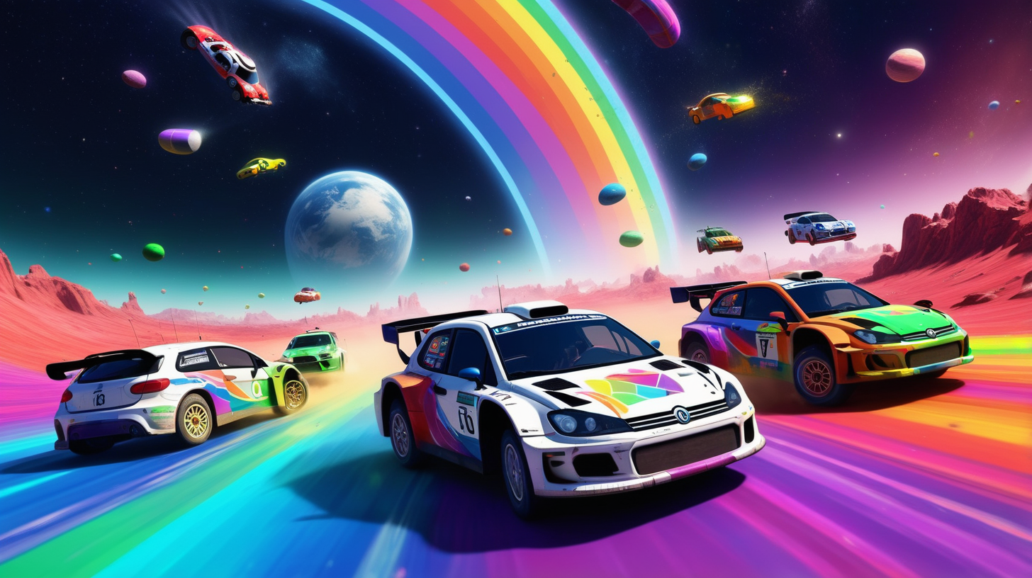 rally cars racing on rainbow road in space