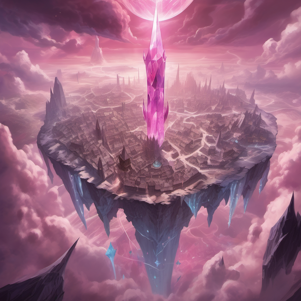 an overhead dungeons and dragons map, a huge tall dagger-shaped pink crystal floats in ethereal clouds in outer space, and landmass surrounds the crystal which is in the center of a medieval city