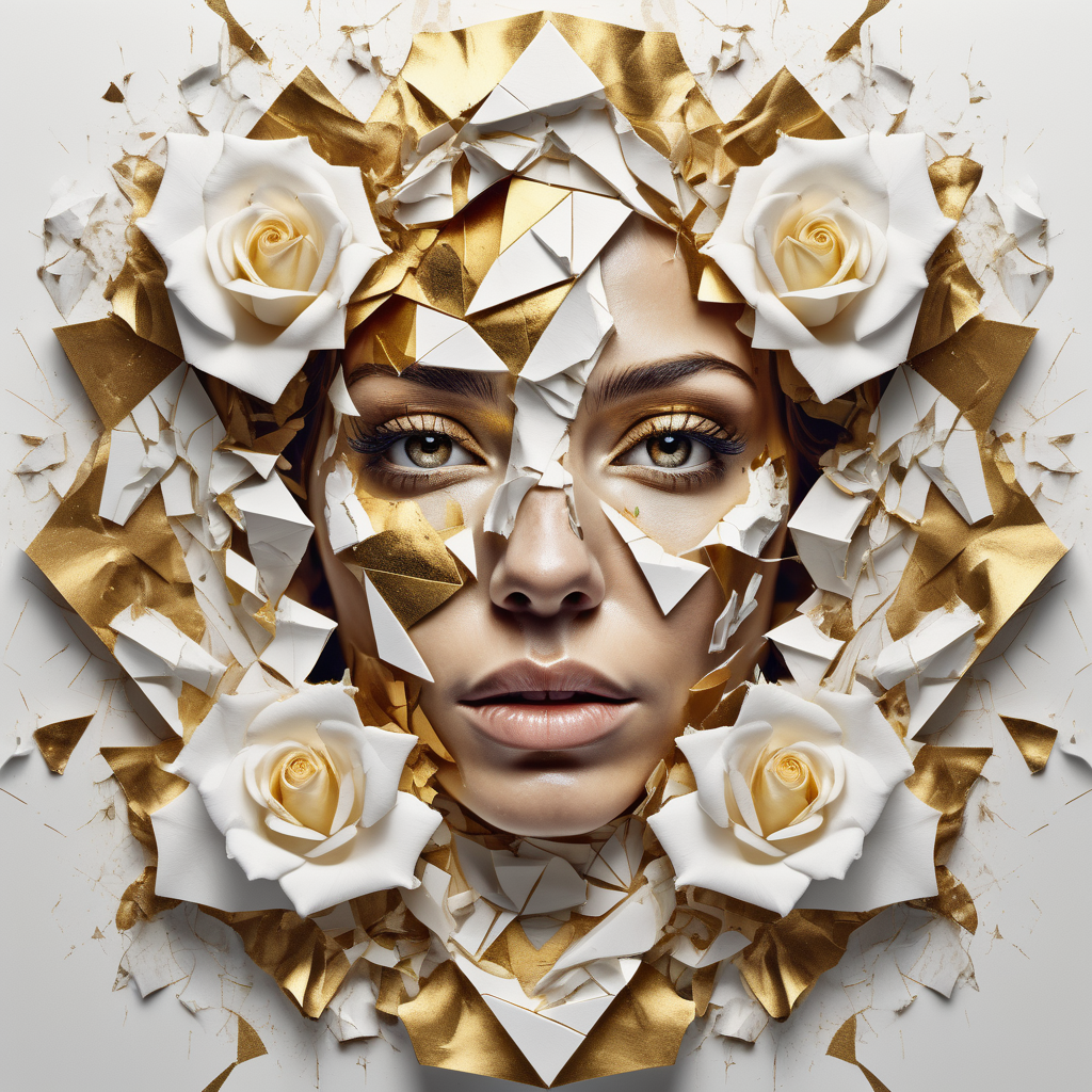 Ultra detailed artistic abstract photography of woman's face (geometrical), golden, white roses, detailed symmetric circular iris, shattered paper fragments, inspired by Alberto Seveso, abstract art style, intricate complex watercolor painting, sharp eyes, digital painting, color explosion, ink drip, mix gold and white colors, Concept art, volumetric lighting, metallic reflections, 8k, concept photography