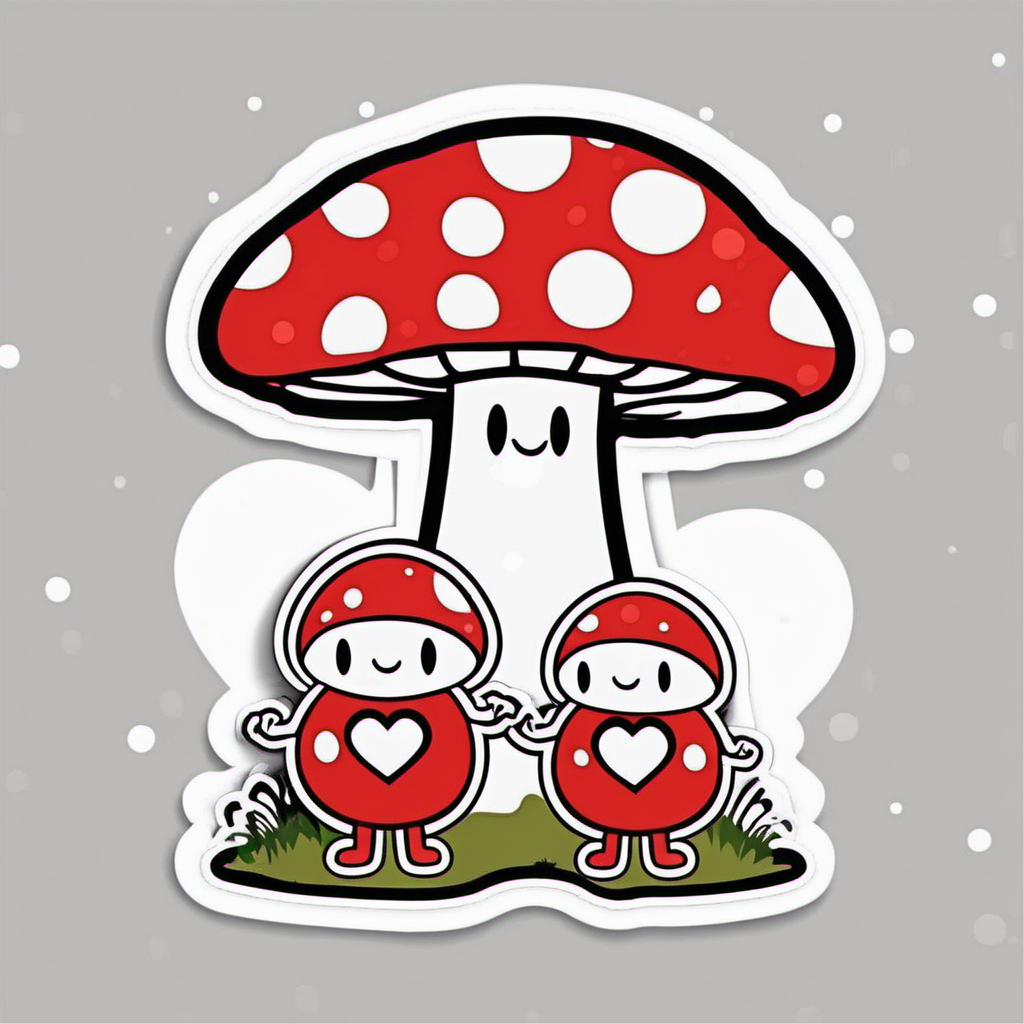 Sticker, Smiling red couple Mushroom with heart Spots, cartoon, valentine,contour, vector, white 
background 