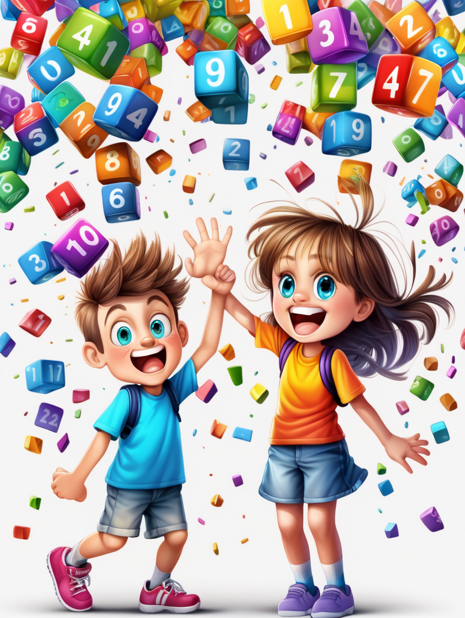 11 year old boy and 11 year old girl with happy face under the falling 40 pieces of colourful number cubes from 1 to 9,  cartoon style