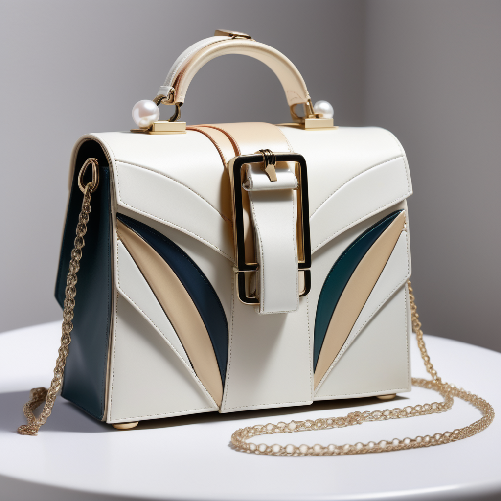 Art Nouveau motif inspired luxury small  bag  leather with flap and metal buckle- geometric shape - frontal view  - inserts color block - white pearl shades