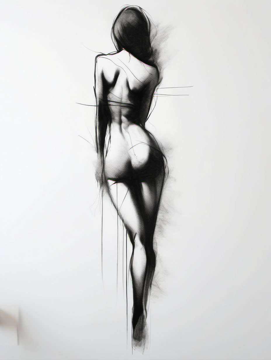 minimalist sexy-female-figure wall-art design. dry-brush and charcoal and graphite 