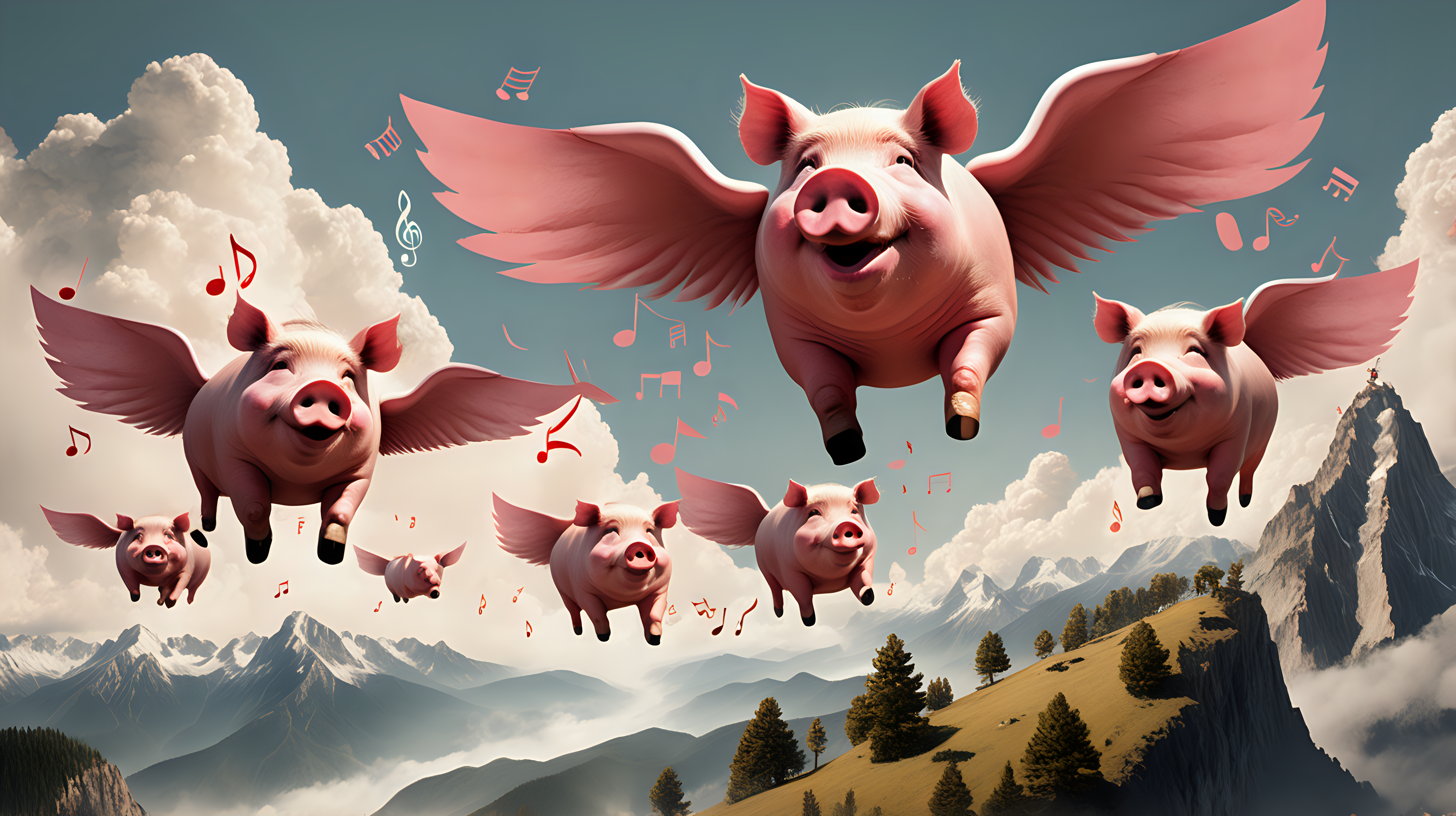 Giant pigs flying over a mountain rim spewing