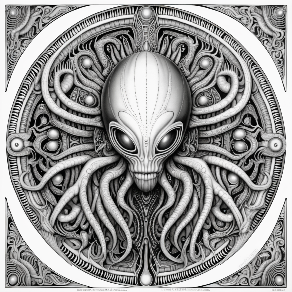 black & white, coloring page, high details, symmetrical mandala, strong lines, alien fruit with many eyes in style of H.R Giger