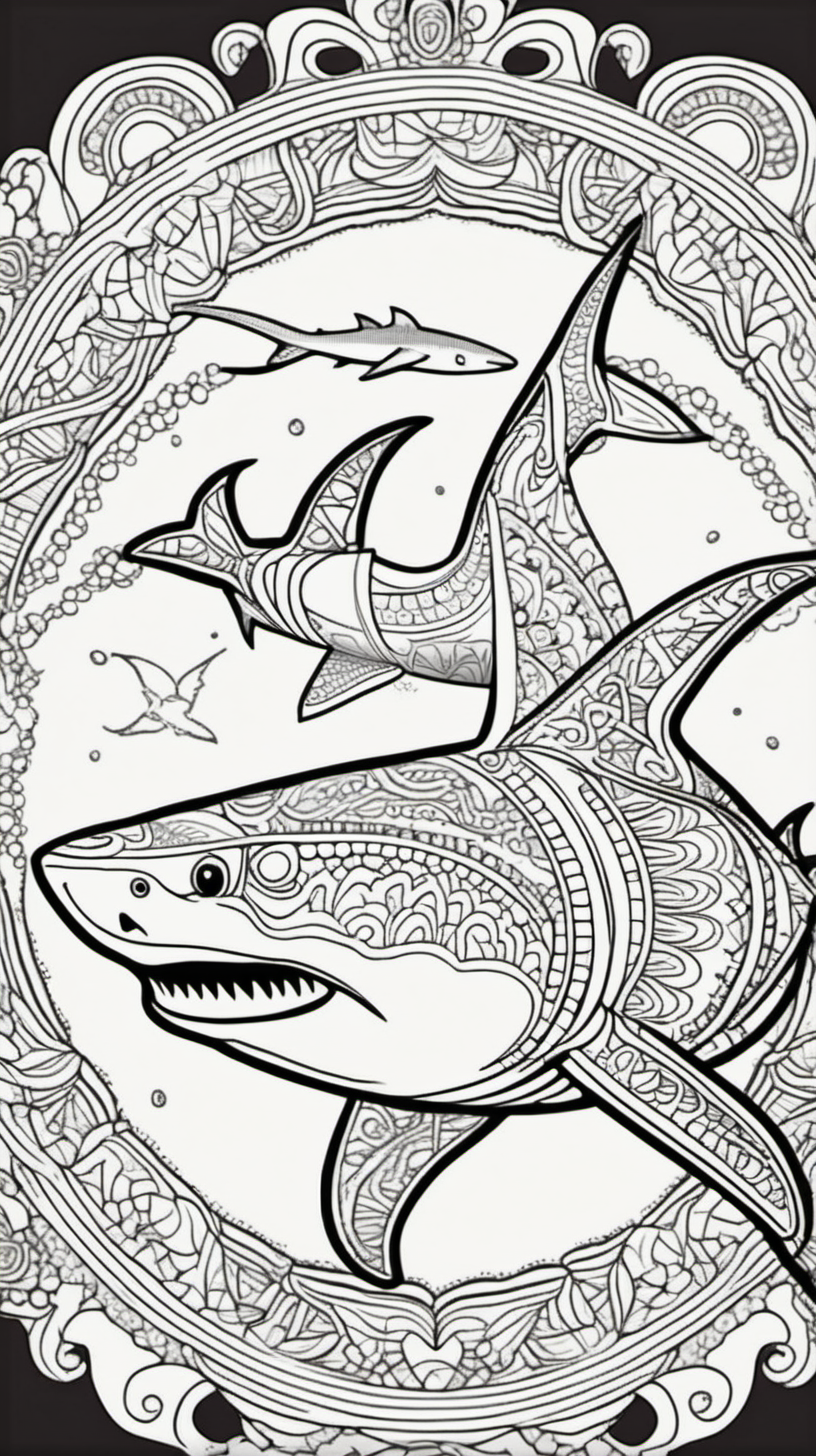 shark, mandala background, coloring book page, clean line art