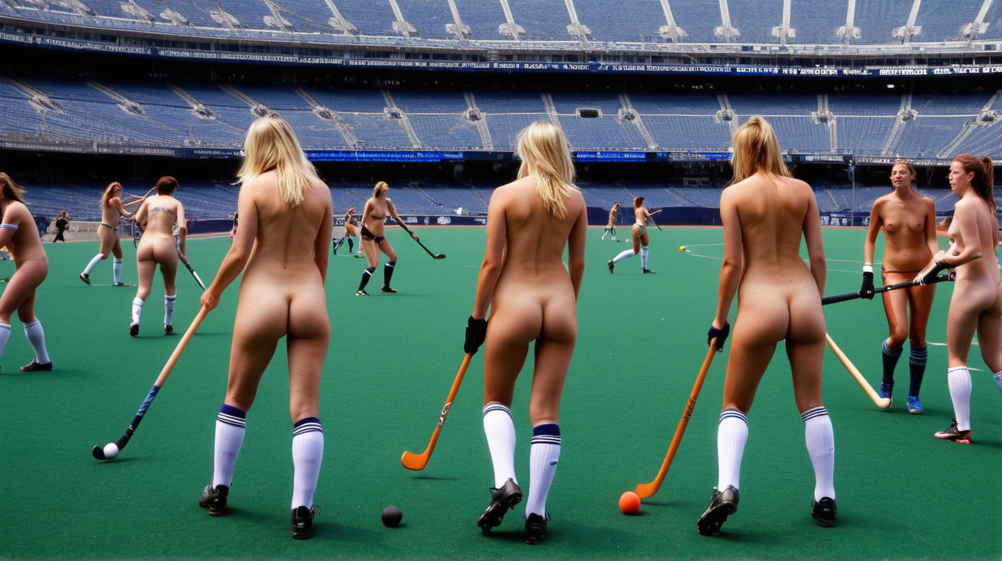 Naked women playing field hockey in Yankee Stadium