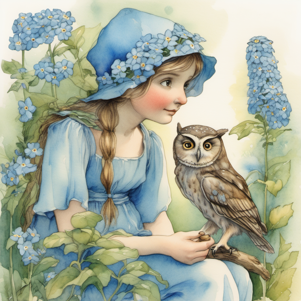 a watercolor forget-me-not flower fairy in the style of Cicely Mary Barker talking to a wise old owl.  They are both surrounded by forget-me-nots and greenery. The wise old owl looks very serene and full of wisdom.