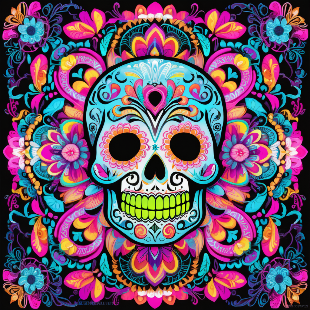 bright neon colors, high details, symmetrical mandala, strong lines, day of the dead, candy skull