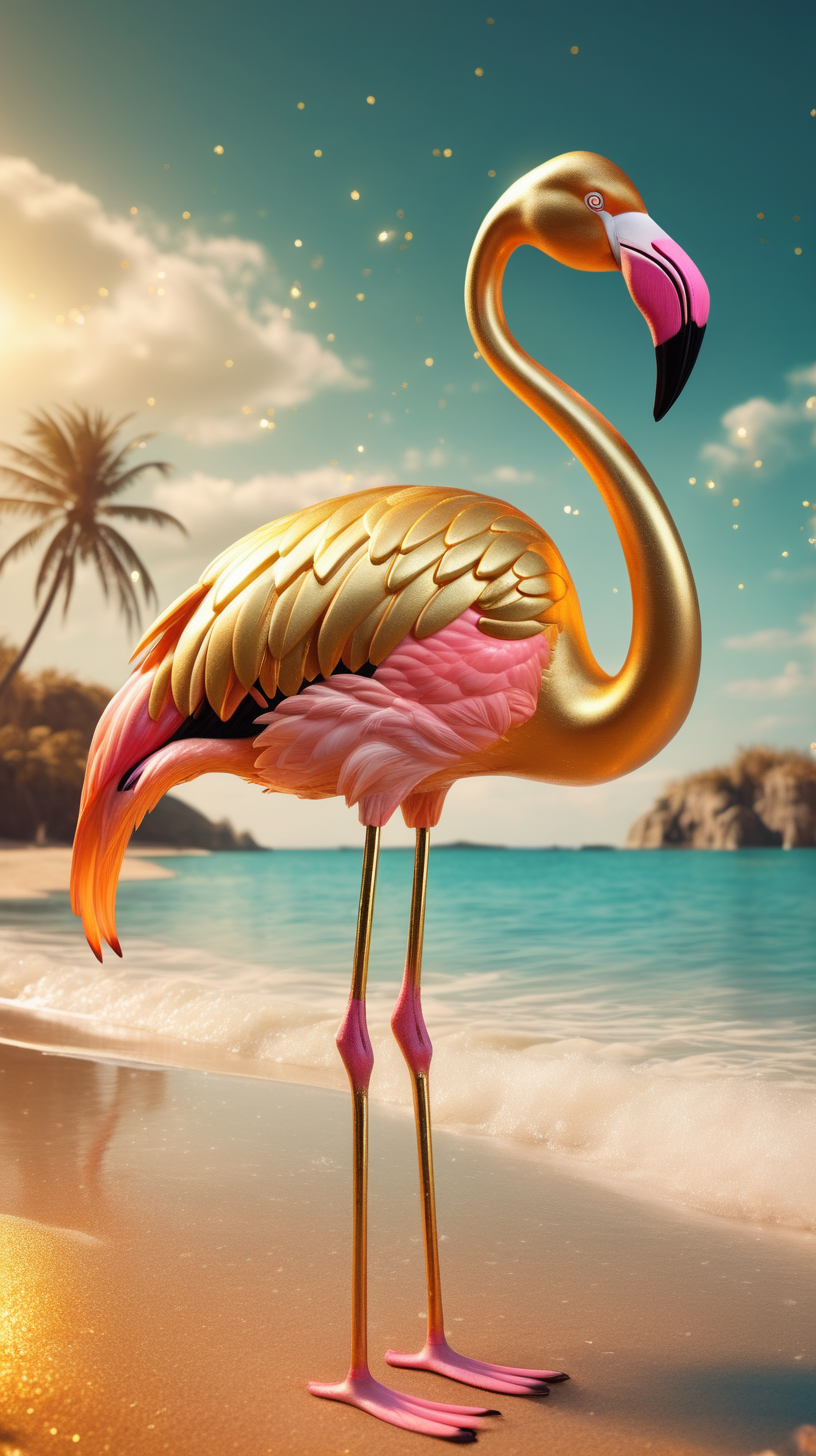 magical gold flamingo on a fantasy beach