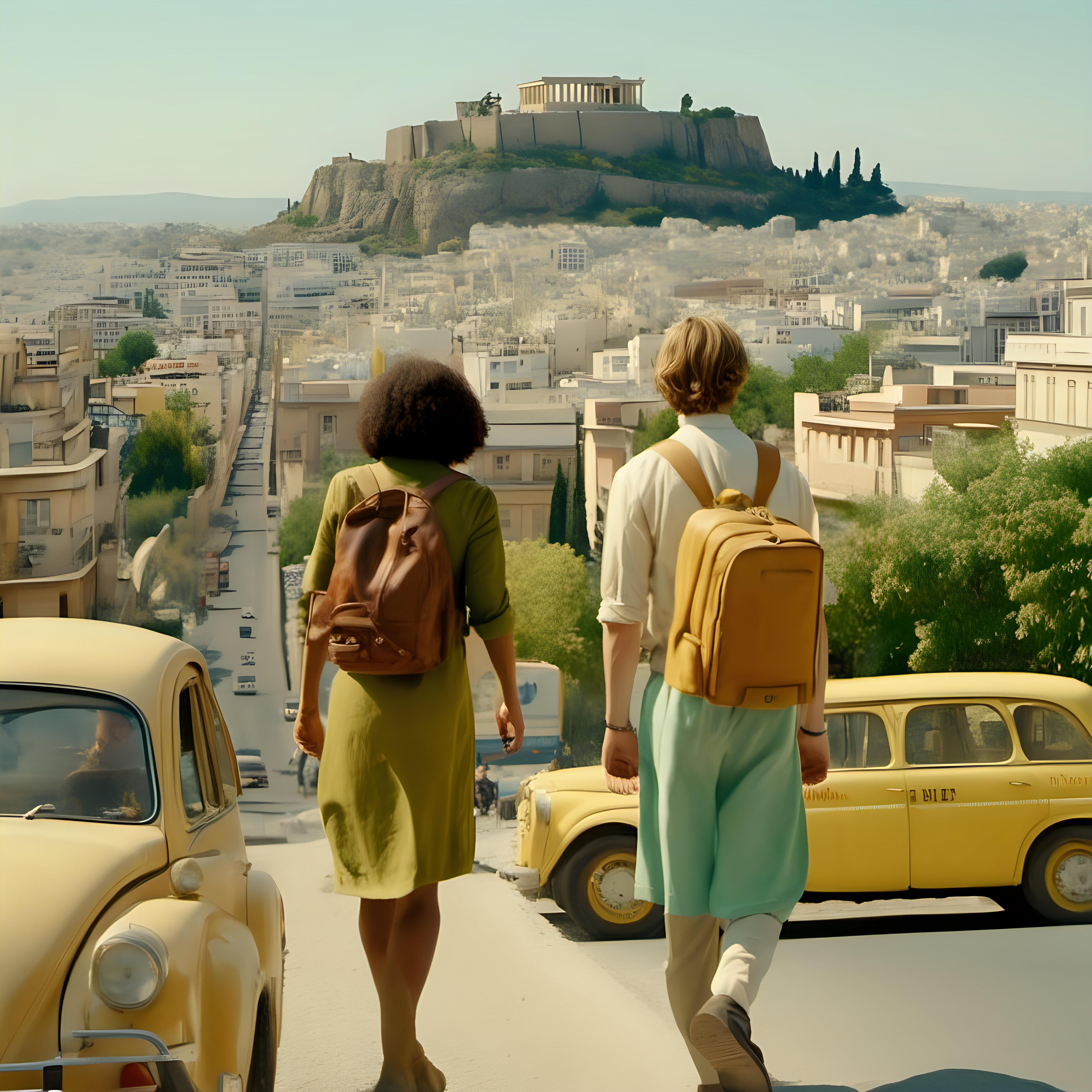 Young German-Indian couple wandering through the streets of Athens, a glimpse of Acropolis and olive trees in the background, Wes Anderson cinematic setting