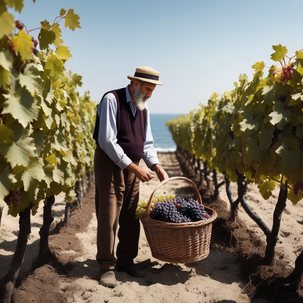 Create a picture of a Jewish farmer standing by the sea two rows of dark colored vines and putting grapes in a basket
