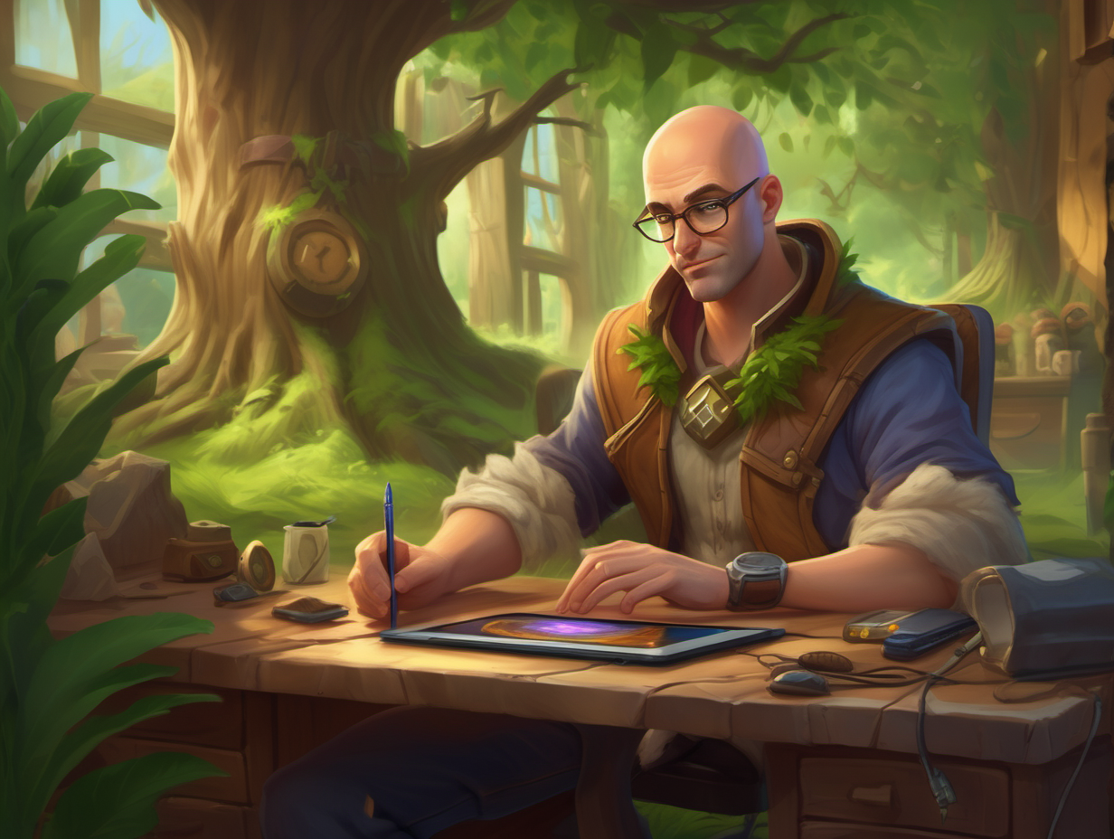 Digital art in the style of hearthstone card art. The subject is a male character on his 30s bald fade doing digital art on a wacom and monitor. The scene takes place in a office with natural elements such as things made of out of trees or grass.--v 5.3