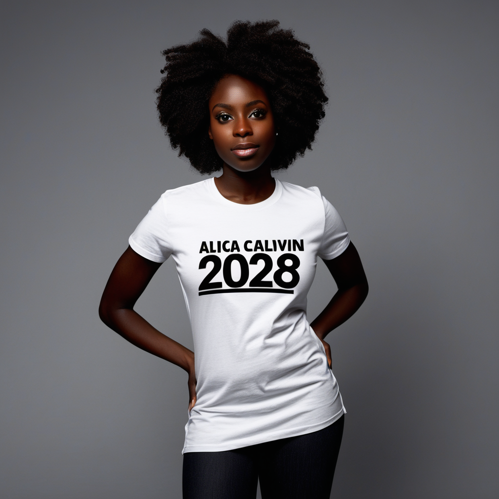 Dark skinned Black woman posing in a t-shirt with the words "Alicia Calvin 2028" on the shirt 