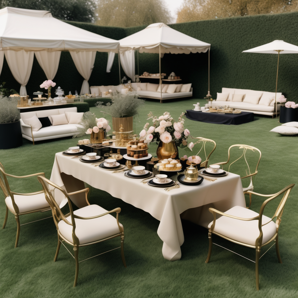 hyperrealistic modern Parisian garden tea pearty on sprawling lawns;  beige, oak, brass and black colour palette

