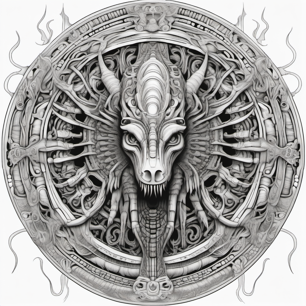 black & white, coloring page, high details, symmetrical mandala, strong lines, camposaurus with many eyes in style of H.R Giger