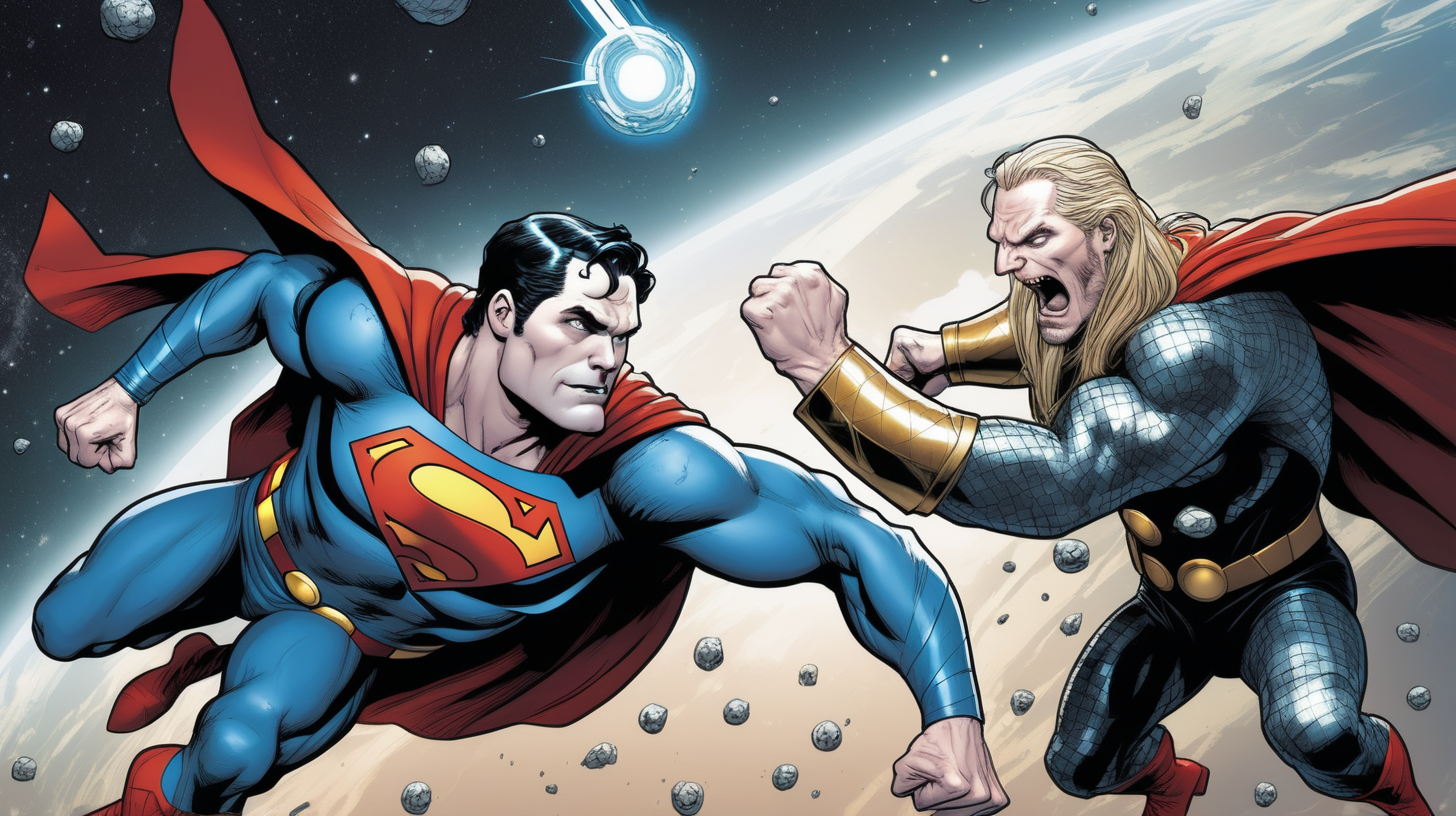 Bizarro Superman fights Thor and Loki in space