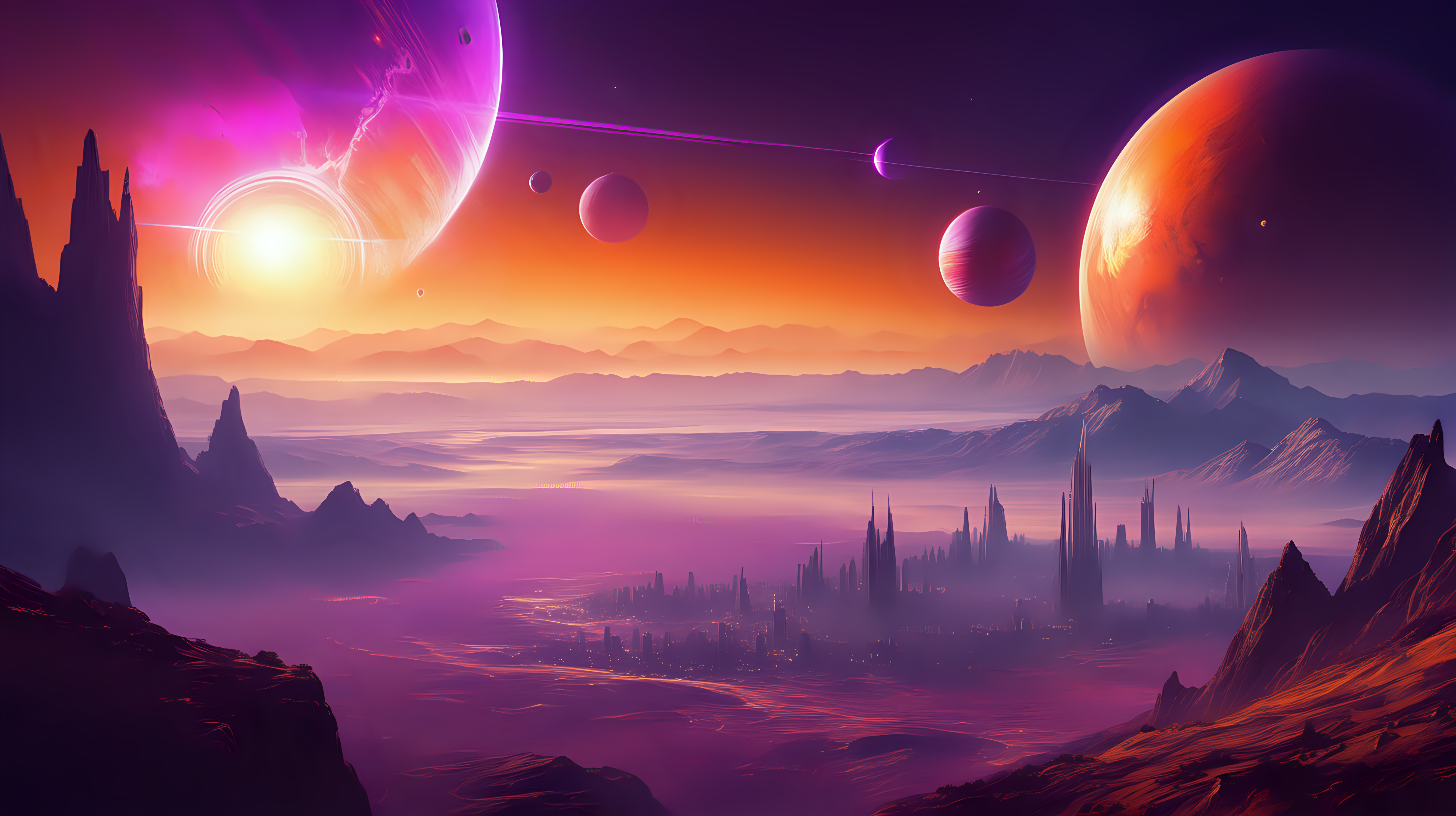 Make a fantastic fantasy and sci-fi picture with a lot of purple and orange color, distant planets, magnificent clods and the sun just setting in the distance, spectacular view, mountains here and there, distant cities and buildings in the valley, inspiration from the film Bladrunner.