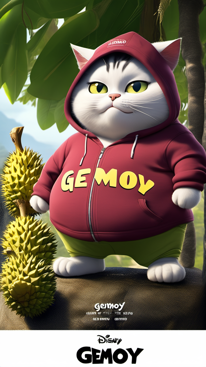create ai disney pixar caricature photos. Fat little cat. Funny Face. Eyes bulging, crying, climbing a durian tree. wearing a helmet that says Gemoy. wearing a maroon hoodie with Gemoy written on it, wow expression, village atmosphere in the background.