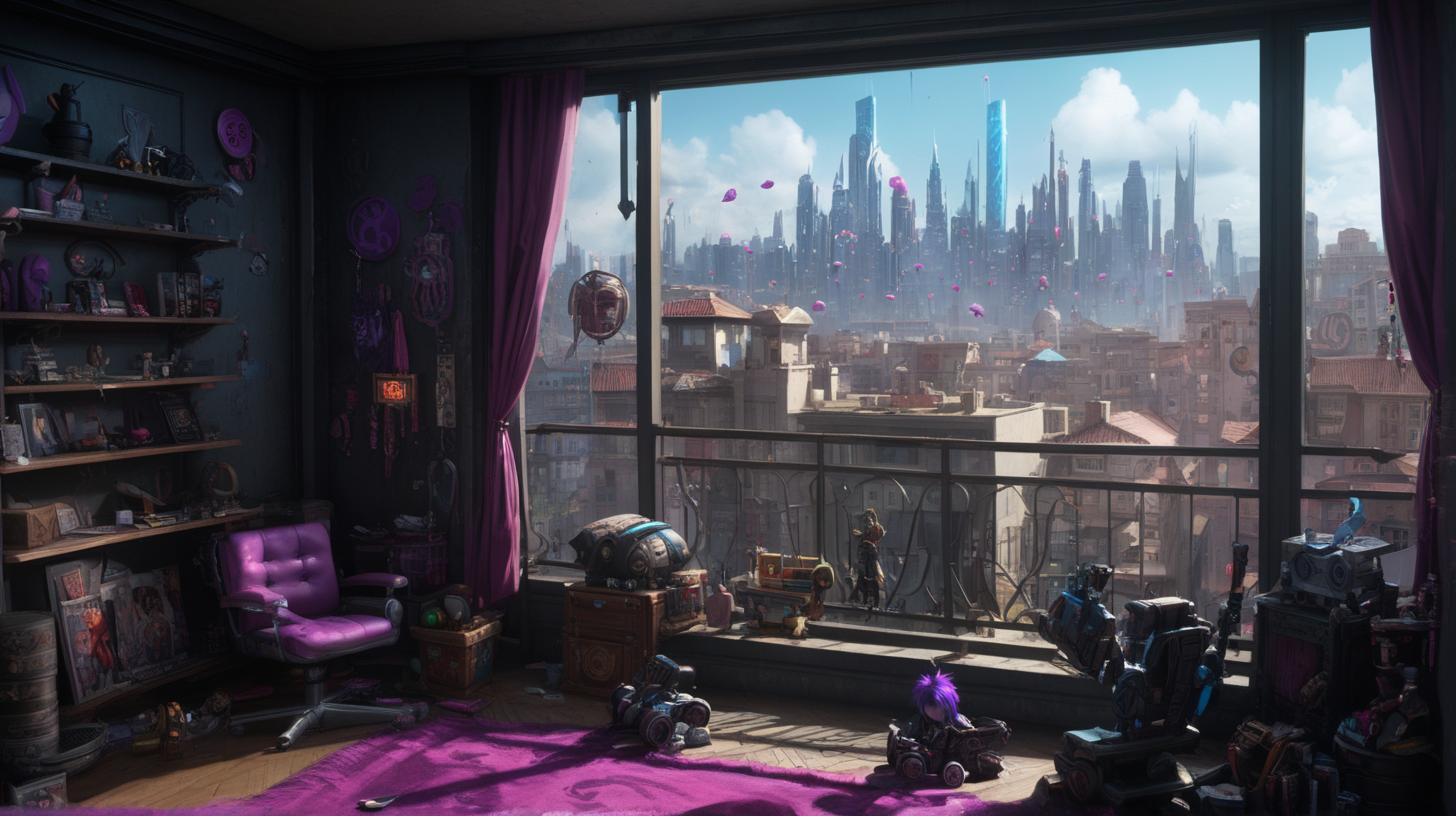 interior location of Arcane movie like VI and Jinx practice scene. Included Items, weapons and toys for jinx. There is a balcony overlooking the city.